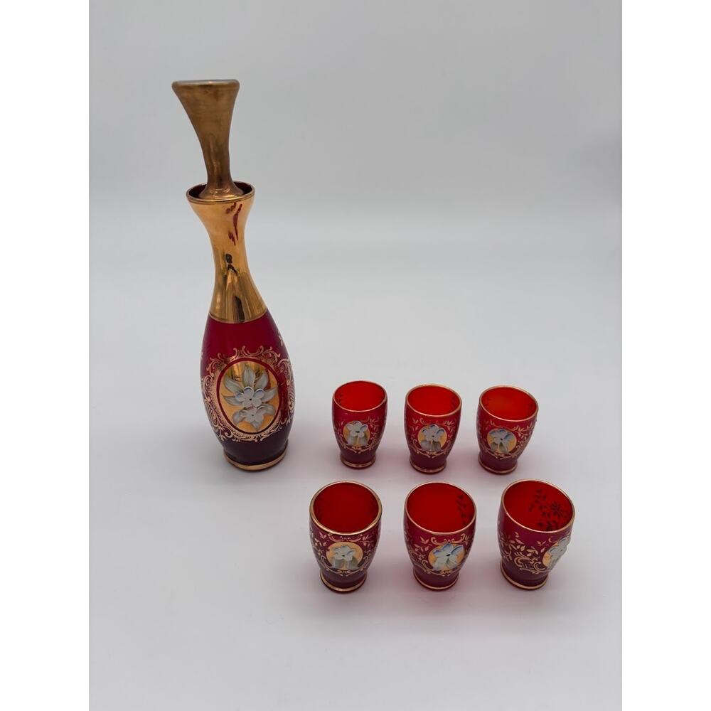 Vintage Bohemian Czech Ruby Red & Gold Glass Decanter Set – Hand Painted Enamel